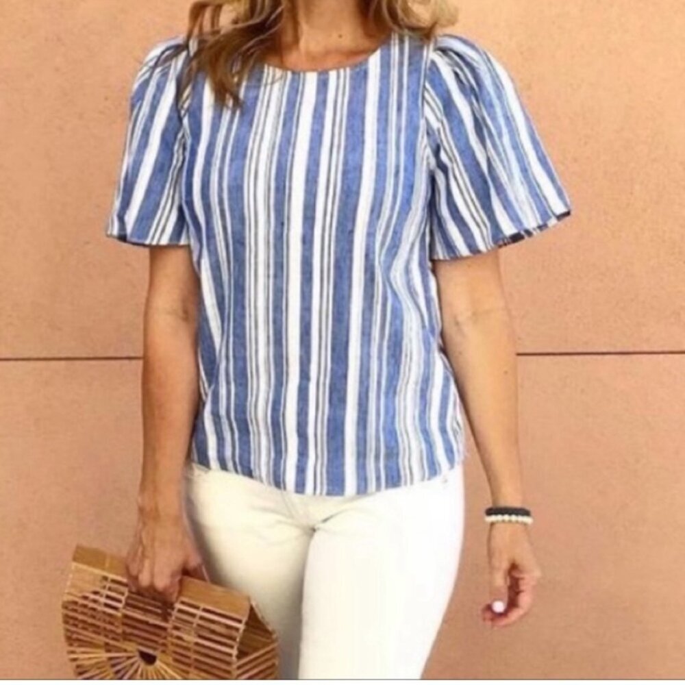 CAbi Chambray Stripe Wing Sleeve Top, Womens Small, Blue & White, Style 5343